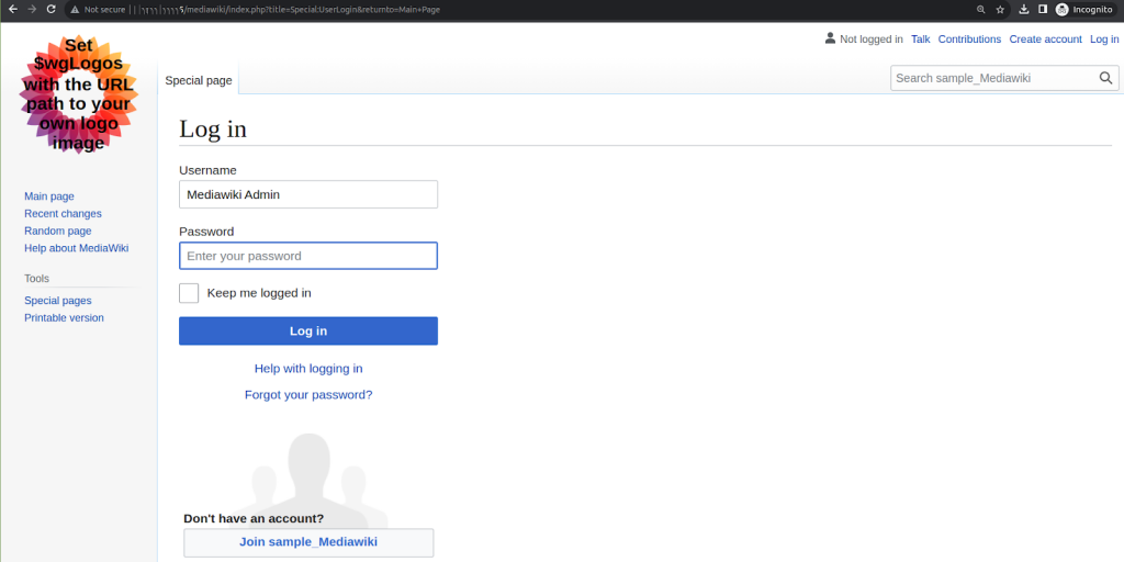MediaWiki install guide for Linux (AlmaLinux). Then, enter the MediaWiki admin credentials you created during the installation process and click the Log In button.