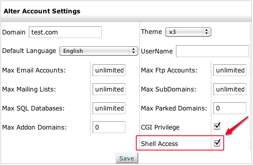 check box next to Shell Access