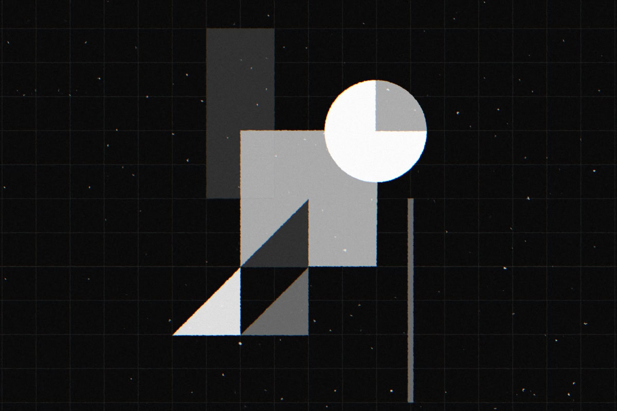 Abstract illustration of grey, black, and white shapes on a black background
