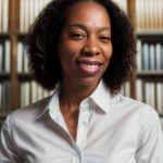 Headshot of a woman in front of bookshelves