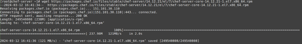 Visit the Chef downloads page and download the latest version of the Chef Server to ensure you have access to the latest security updates, stability improvements, and new features. After you run the wget command, the output will look like the output shown here.