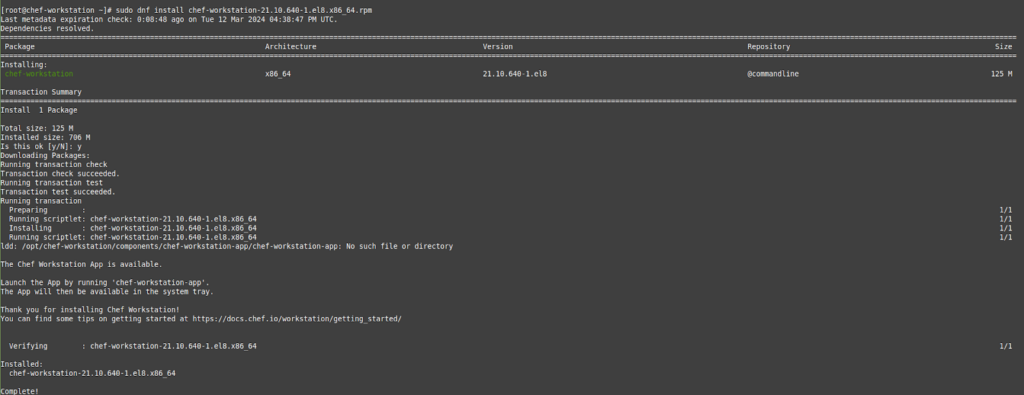 To install Chef Workstation, run the dnf install command. The output is shown in this iimage.