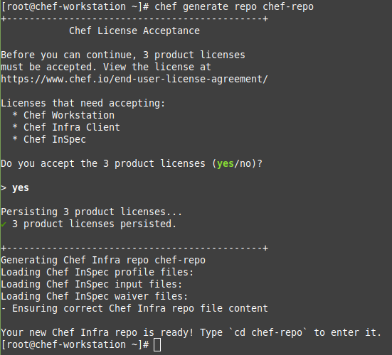 To create the Chef repo on the Chef Workstation, run the generate repo chef-repo command. This image shows the output.