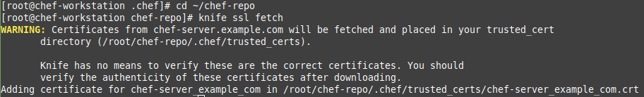 To copy the required SSL certificates, run the knife ssl fetch command from ~/chef-repo in the Chef Workstation. The output is shown here.