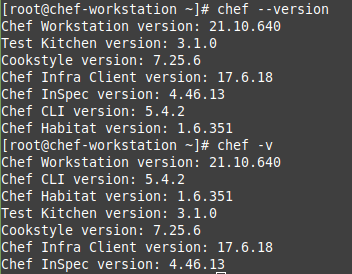 To verify the Chef Workstation installation, run the chef --version or chef -v commands, which generate the output shown.