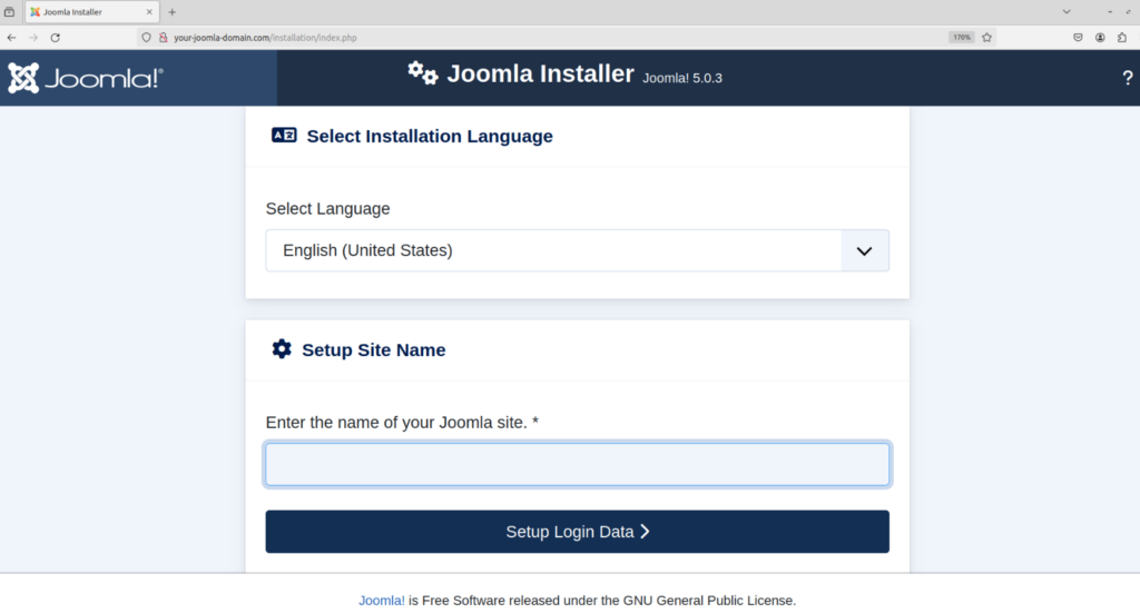 To access the Joomla web interface, open a web browser and navigate to your Joomla site using your domain name (for example, http://your-joomla-domain.com). You will see this screen.