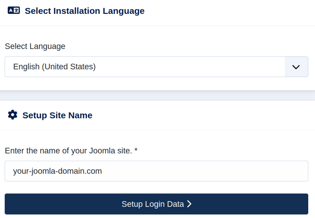 After choosing your preferred language and entering your domain name, click the Setup Login Data button.