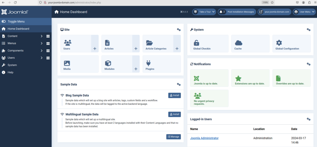 The Joomla administrator dashboard looks like this screen.