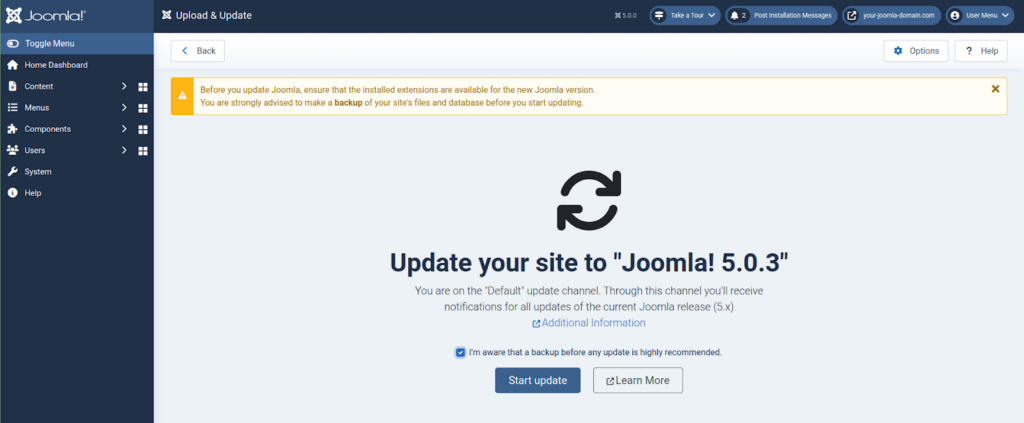 For example, you will receive the message about the Joomla 5.0.3 update as shown if you are using Joomla 5.0.0.