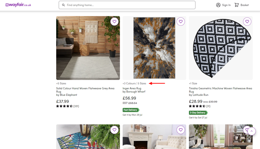 product variations on the shop page