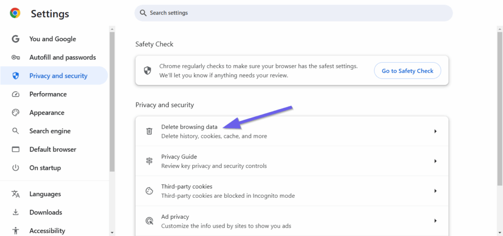 Navigating to the privacy and security in the browser.