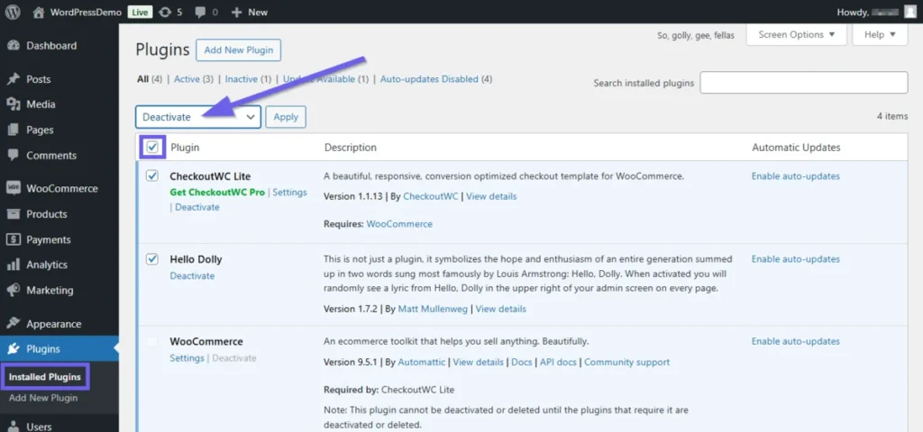 Deactivating the installed plugins in WordPress using the bulk actions option.
