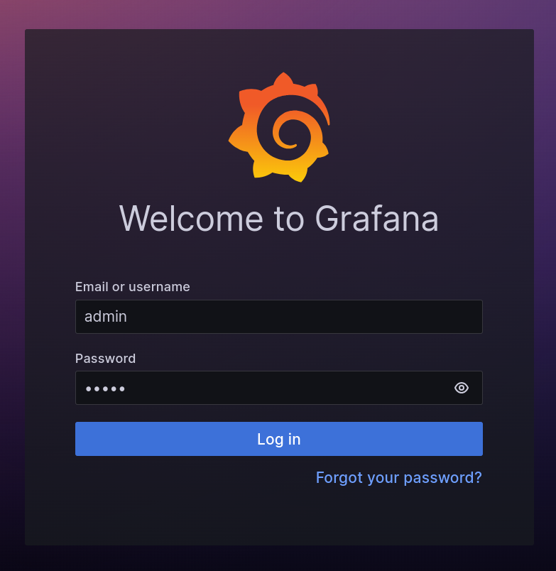 Enter the Grafana default credentials (where username and password are admin/admin) and click the Log In button.