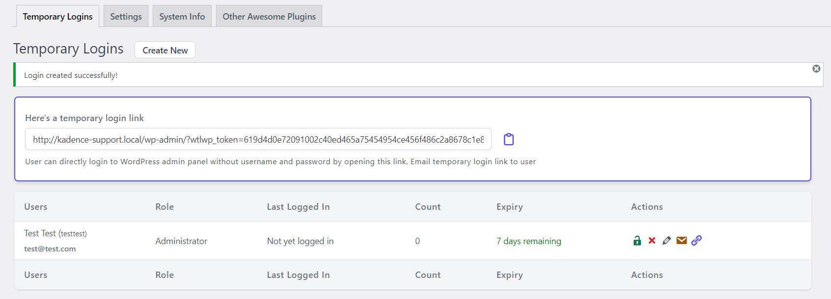 Temporary Logins link
