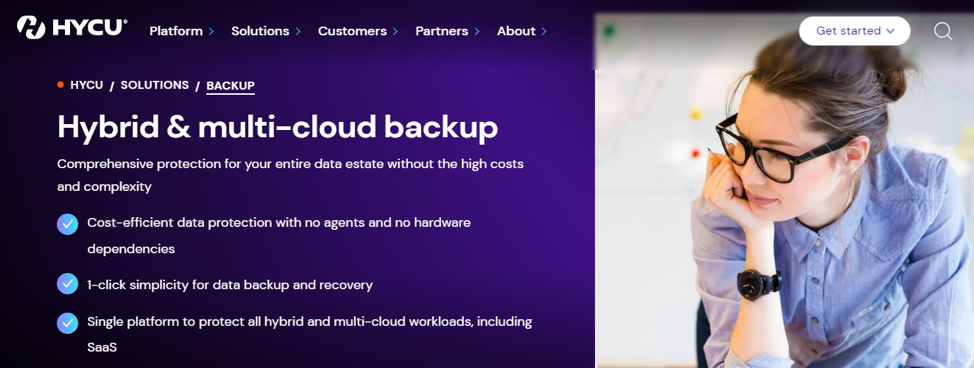 HYCU’s hybrid and multi-cloud backup solution’s homepage.