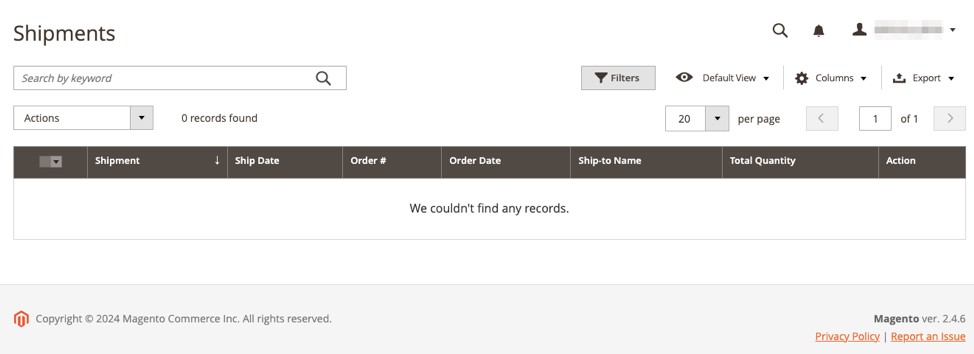 The Magento fulfillment shipments dashboard in the admin area.