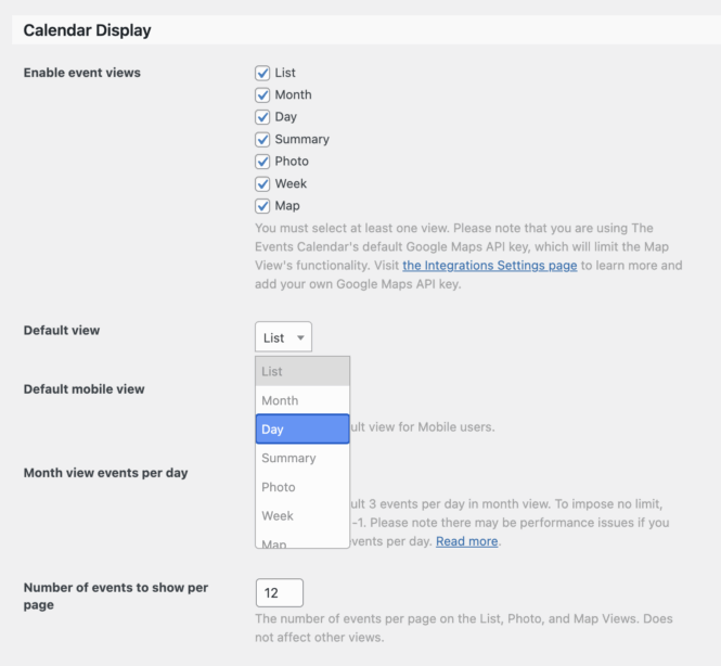 Calendar display options in The Events Calendar