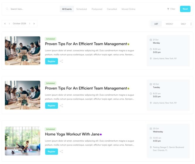 Liquid style full calendar view in Modern Events calendar with its Liquid View addon