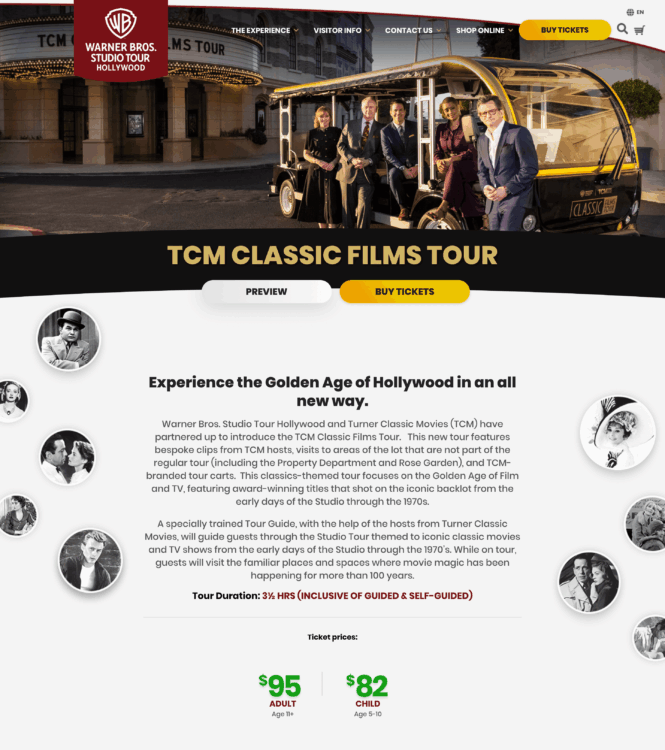 Single event page for the WB Studio Tour events