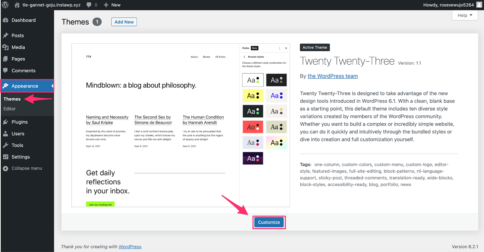 Make design changes to your WordPress theme with the customize button