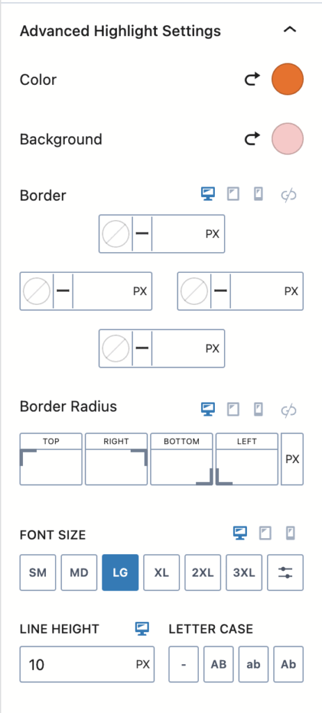 Kadence Blocks Advanced Highlight Settings