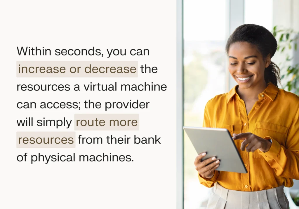 Within seconds, you can increase or decrease the resources a virtual machine can access; the provider will simply route more resources from their bank of physical machines.