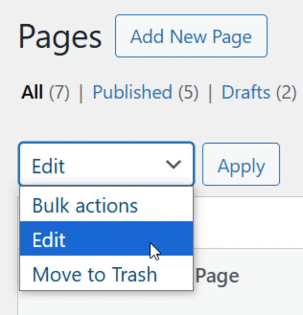 Choosing the “Edit” option from the bulk editing dropdown in WordPress.