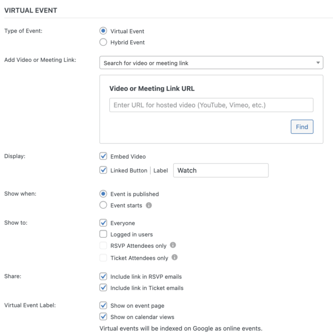 Configuring virtual and hybrid events
