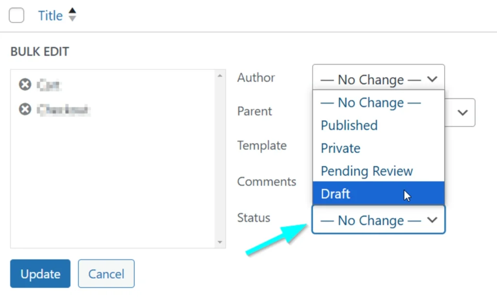Choosing the “Draft” option from the bulk editing options in WordPress.