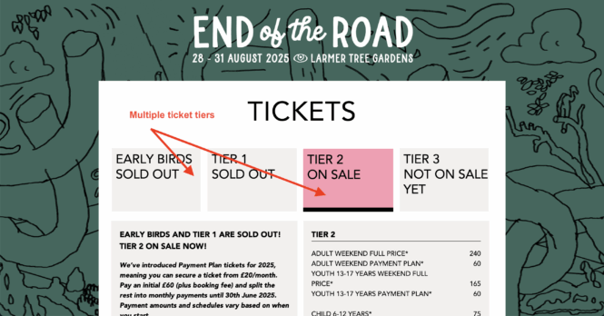 Various ticket tiers displayed on the End of the Road website
