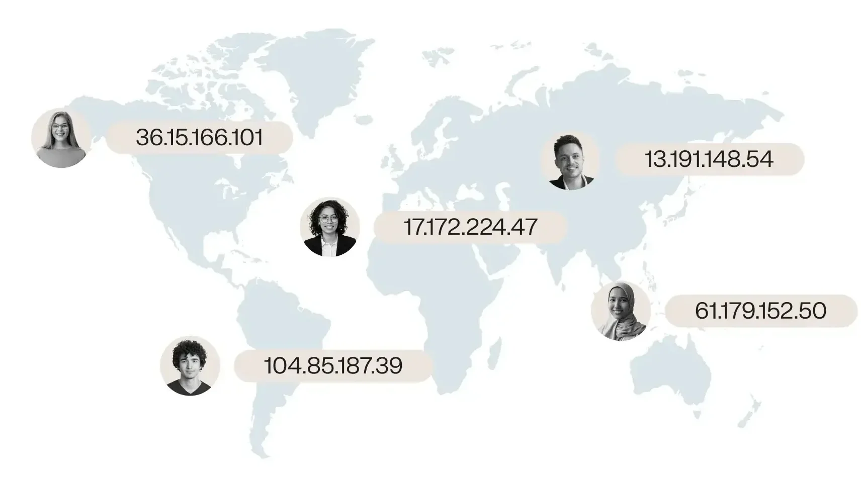 A map of the world shows 5 IP addresses for 5 individuals in different regions, using their general IP address location as a clue