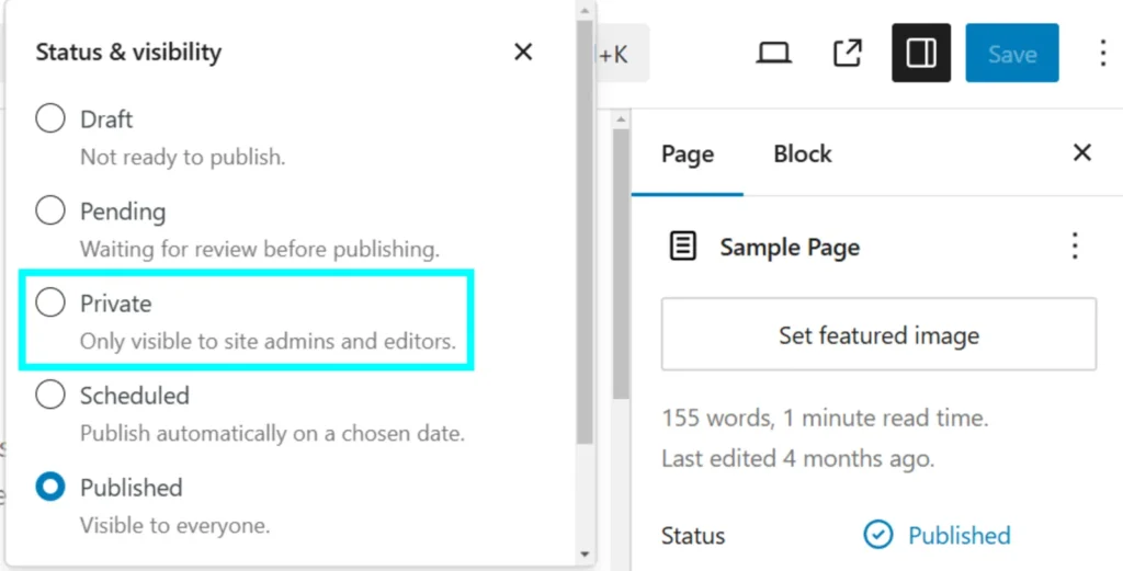 Changing the status and visibility of a page in WordPress from “Published” to “Private”.