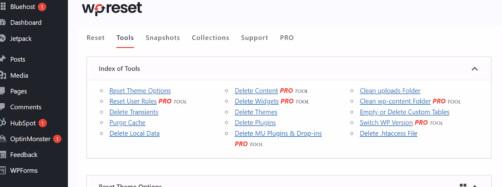 wordpress reset tools page