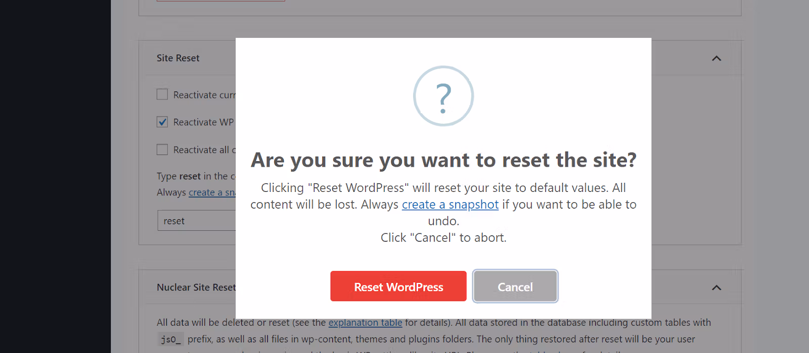 wordpress reset site confirmation