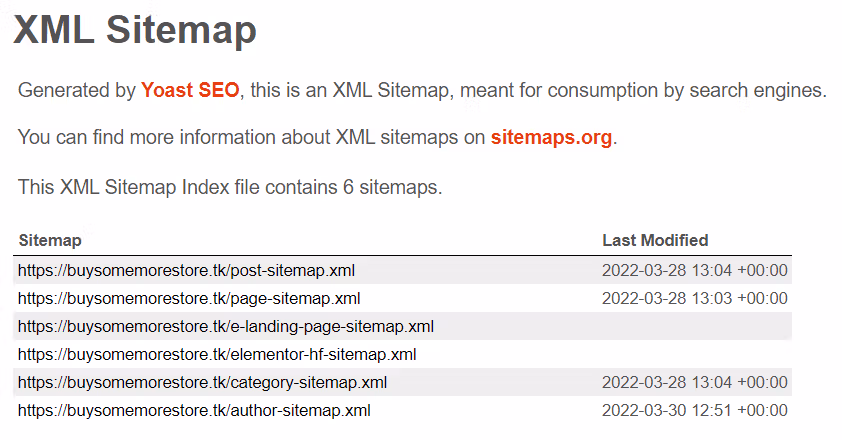 screenshot of yoast xml sitemap