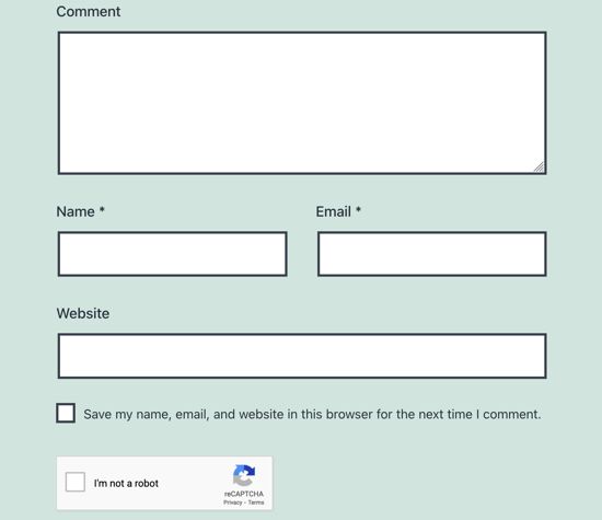 A comment box with fields for name, email, and website built on WordPress. At the bottom, there's a "I'm not a robot" reCAPTCHA box.