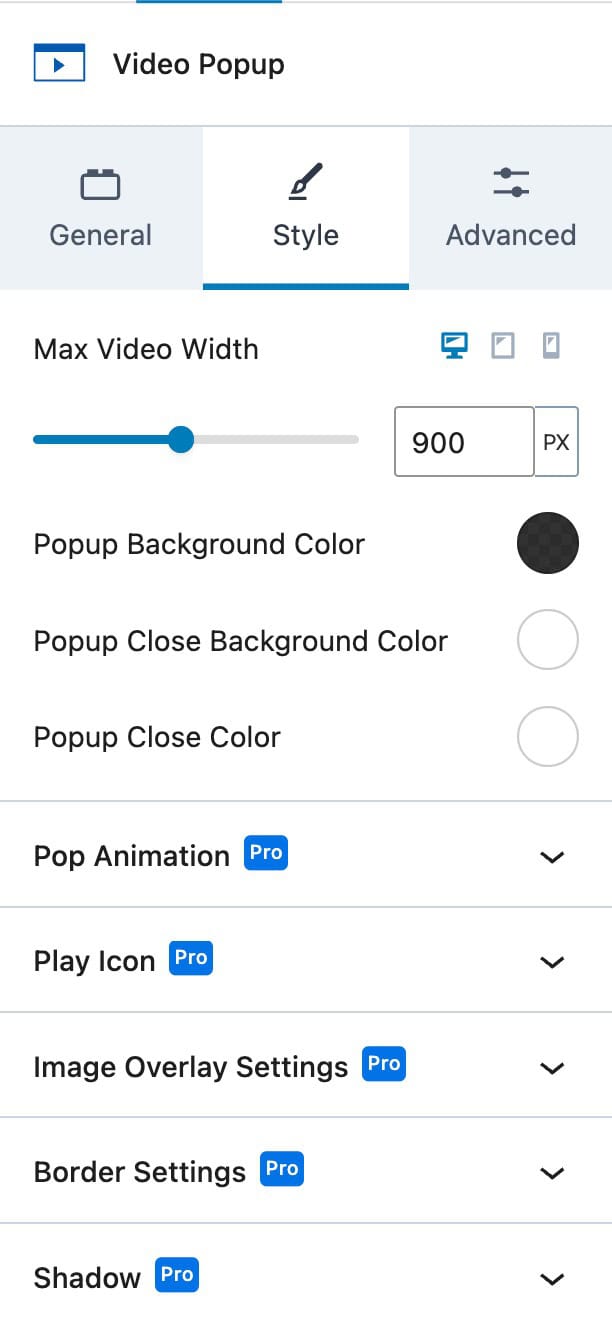 Video Popup Style Settings