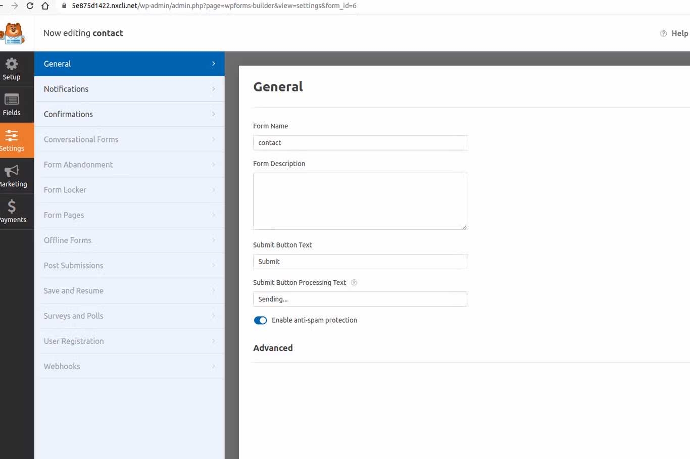 edit new wp contact form settings