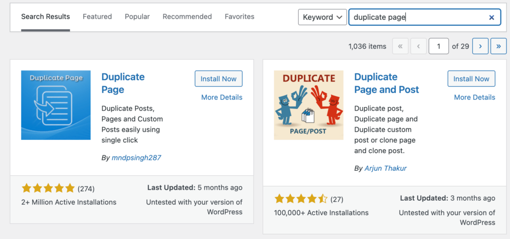 Duplicate Page install button