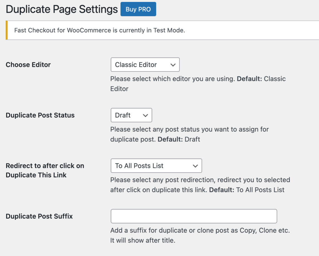 Duplicate Page settings in WordPress