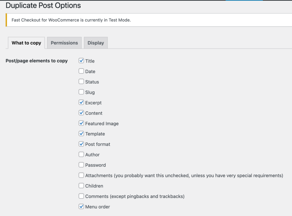 Duplicate Post options menu