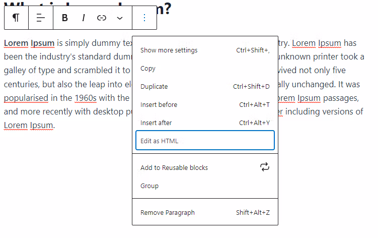 edit as html drop down wordpress