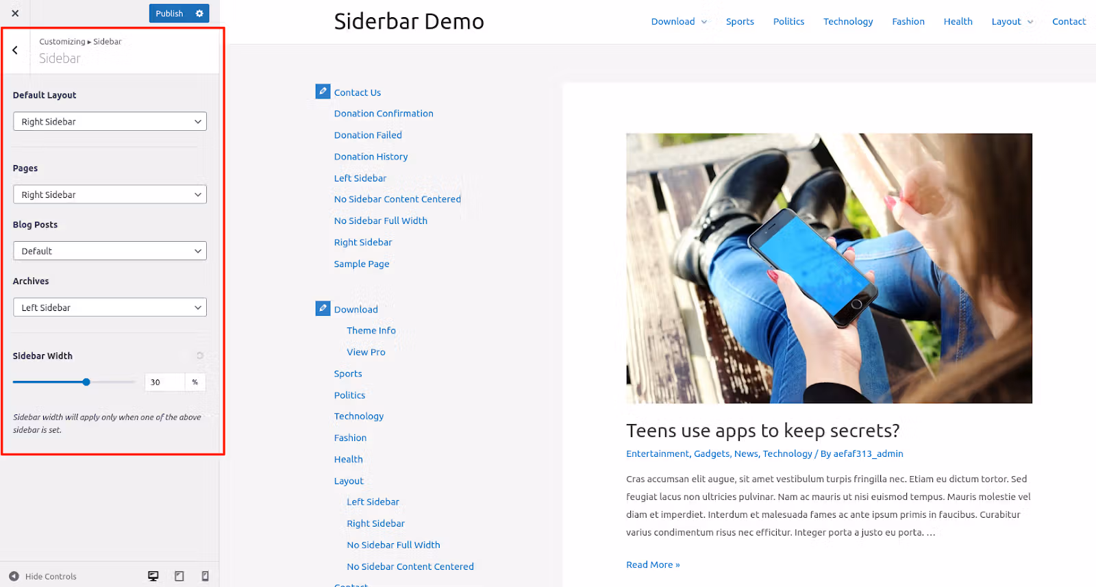 customize wp sidebar screenshot