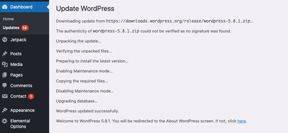 wordpress manual update progress