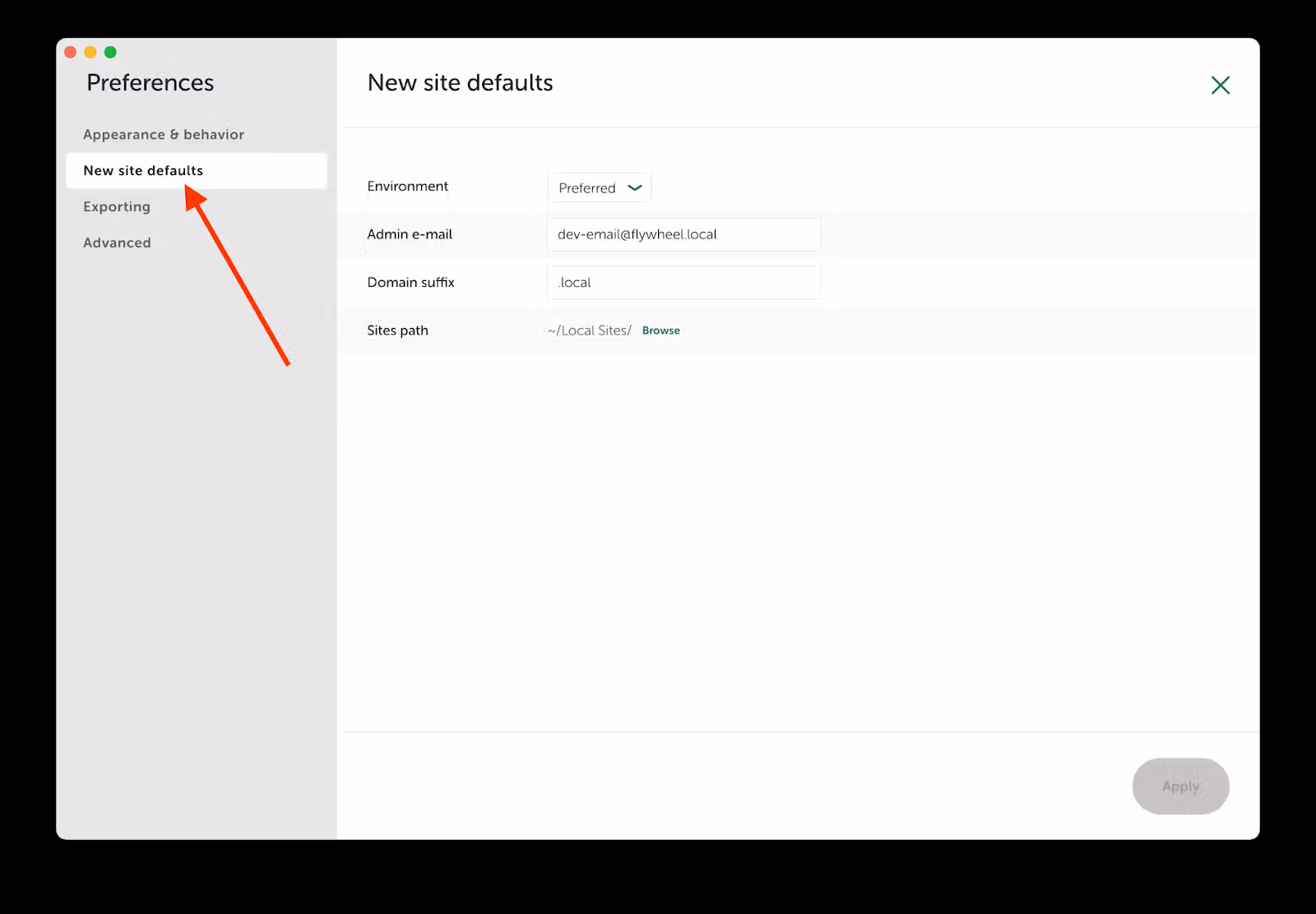 local wp new site defaults