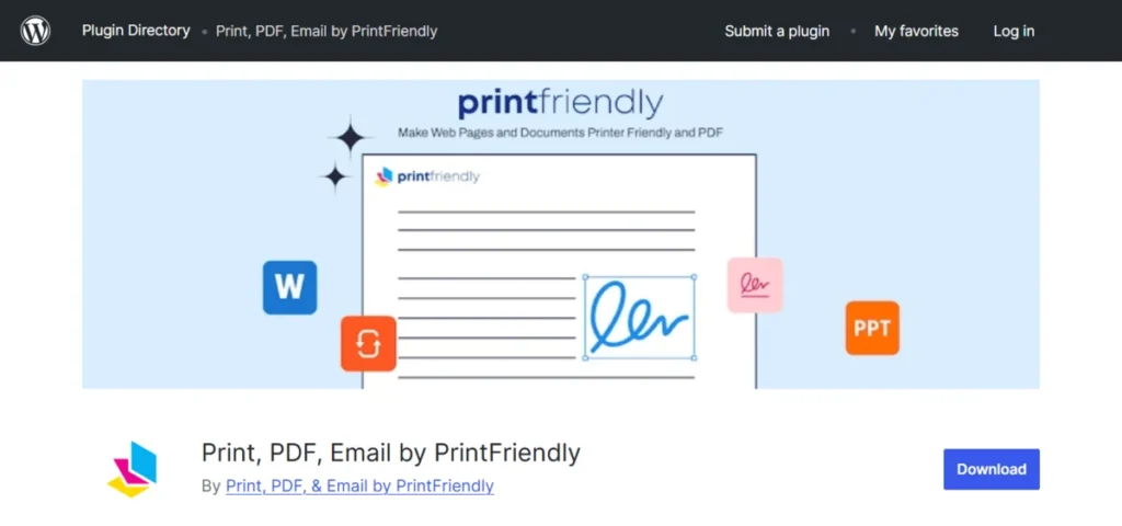 The Print, PDF, Email by PrintFriendly plugin page in the WordPress plugin directory.