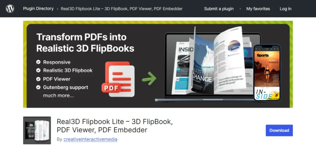 The Real3D Flipbook plugin page in the WordPress plugin directory.