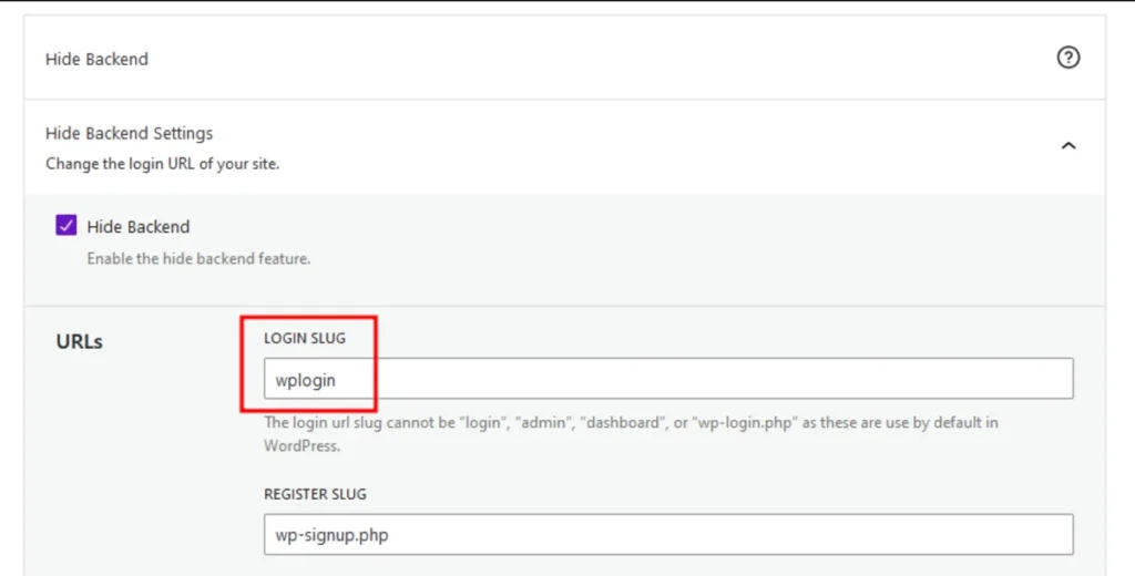 Solid Security’s Hide Backend settings.