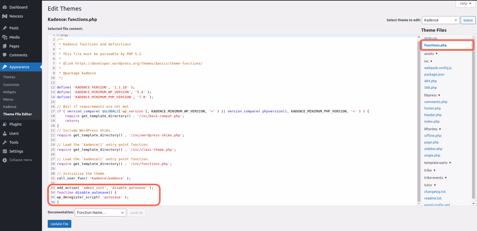 wordpress autosave function screenshot