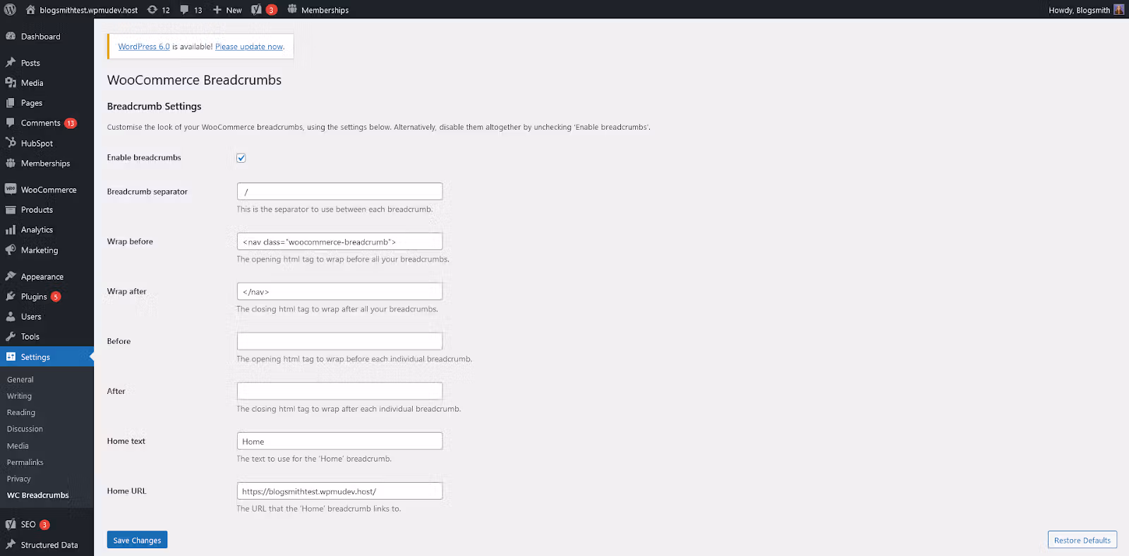 breadcrumbs for woocommerce